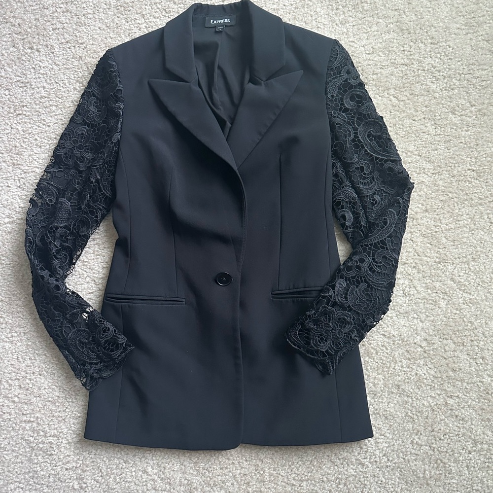 Express Women's Blazer with Black Lace Sleeves